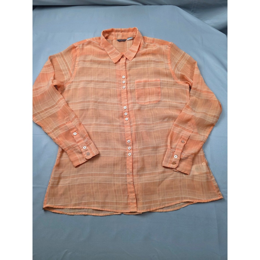 Merrell Womens Orange Plaid Long Sleeve Button Sheer Shirt Large Hiking Outdoor
